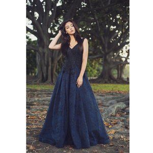 Black and Navy Blue Lace Ball Gown